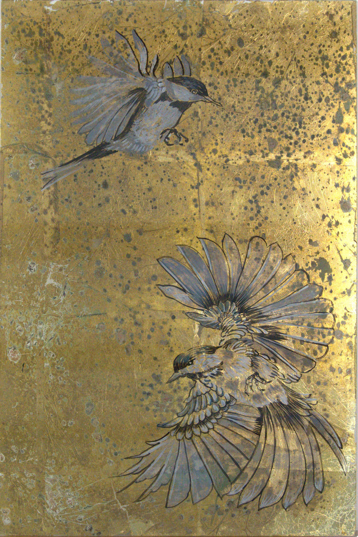 The Birds is one of a kind verre eglomise (reverse painting on glass). Each and every piece is hand painted and hand gilded. It could be used as wall hanging or a sconce, please ask us how we can customize it for you. Price is for one piece.