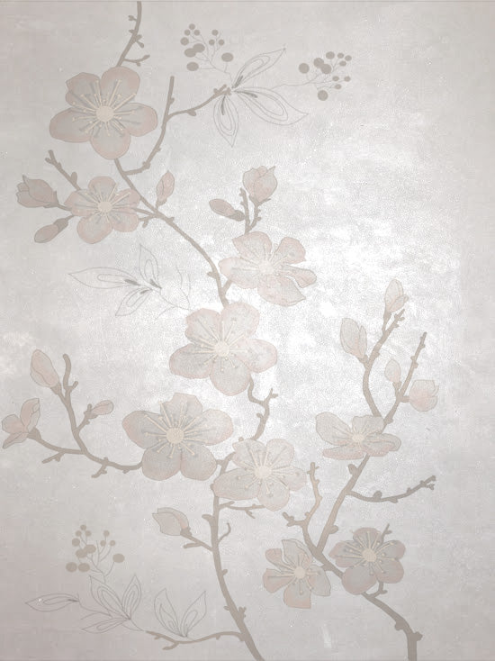 close up of rose cherry blossoms on champagne shimmering plaster